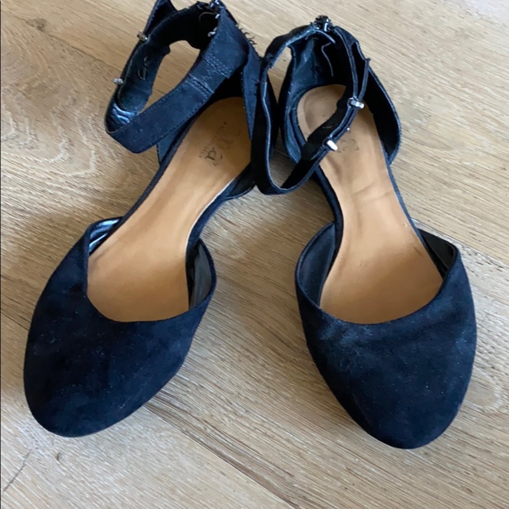 Black suede flats with ankle strap